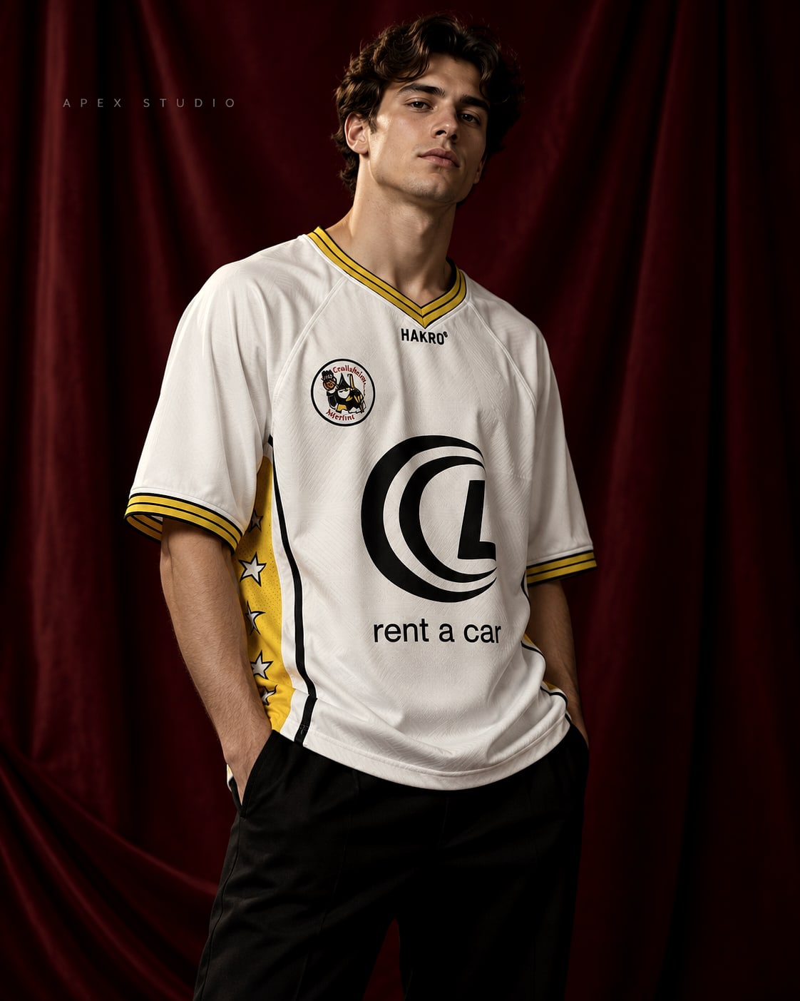 Merlins jersey styled against a burgundy editorial backdrop
