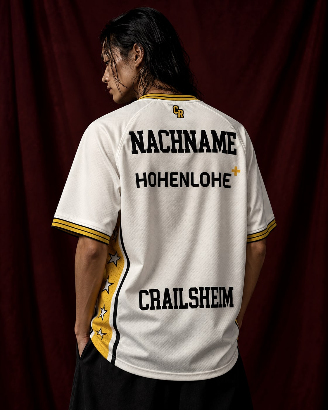 Back view of the Merlins jersey worn on body