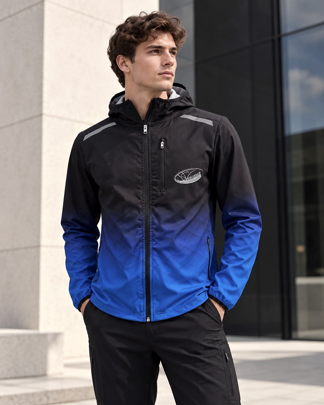 Technical jacket in a pale stone architectural setting