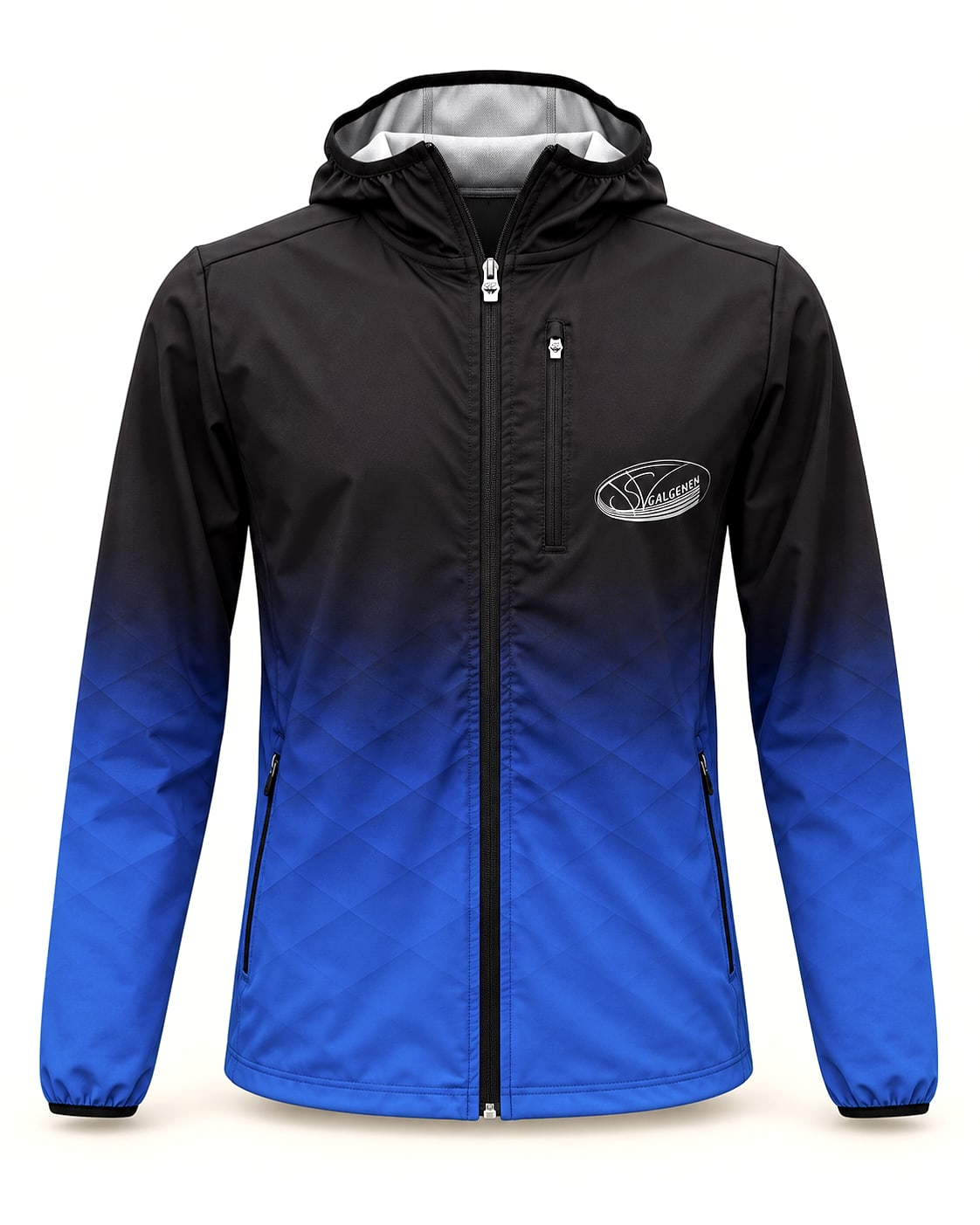 Front view of the black and blue technical jacket