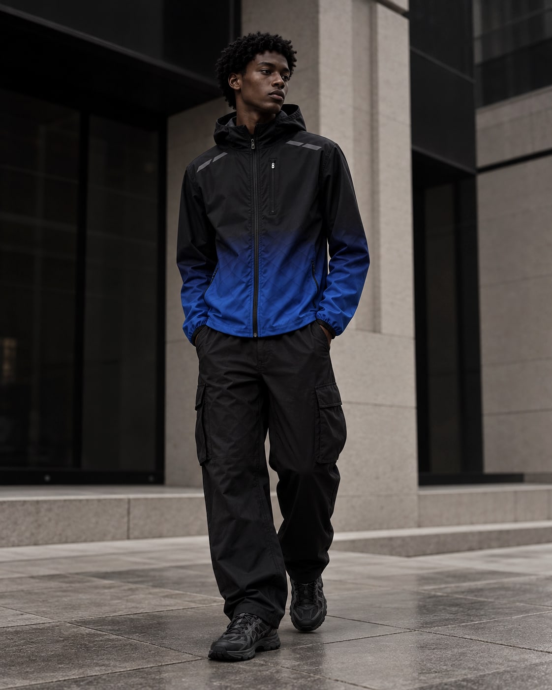 Alternate full-body view of the black and blue technical jacket