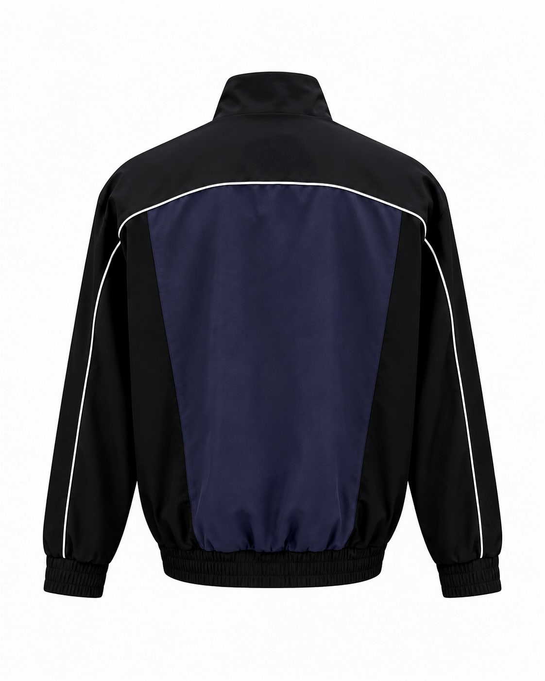 Back view of the navy track jacket on a clean background