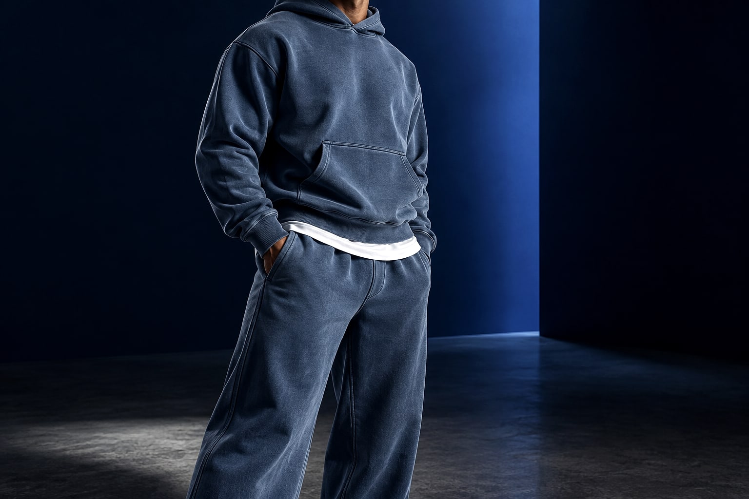 Mineral-blue pigment-dyed hoodie and wide-leg sweatpants in a deep navy studio