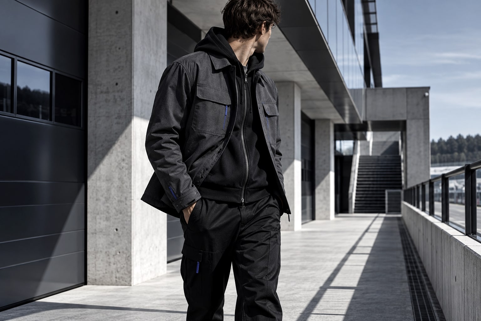 Model in a graphite travel overshirt and black hoodie outside a modern concrete building