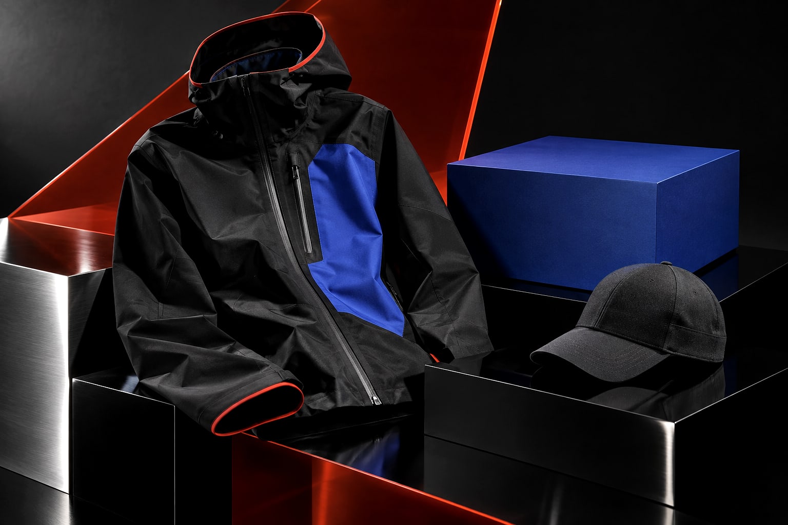 Black technical shell, cobalt presentation box and charcoal cap on graphic studio plinths