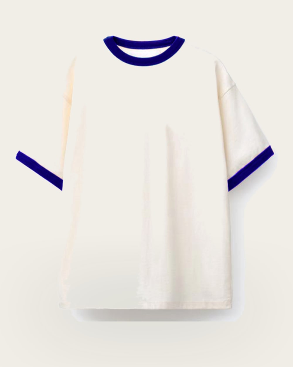 Cream cotton ringer T-shirt with contrast rib at the neck and cuffs, photographed flat
