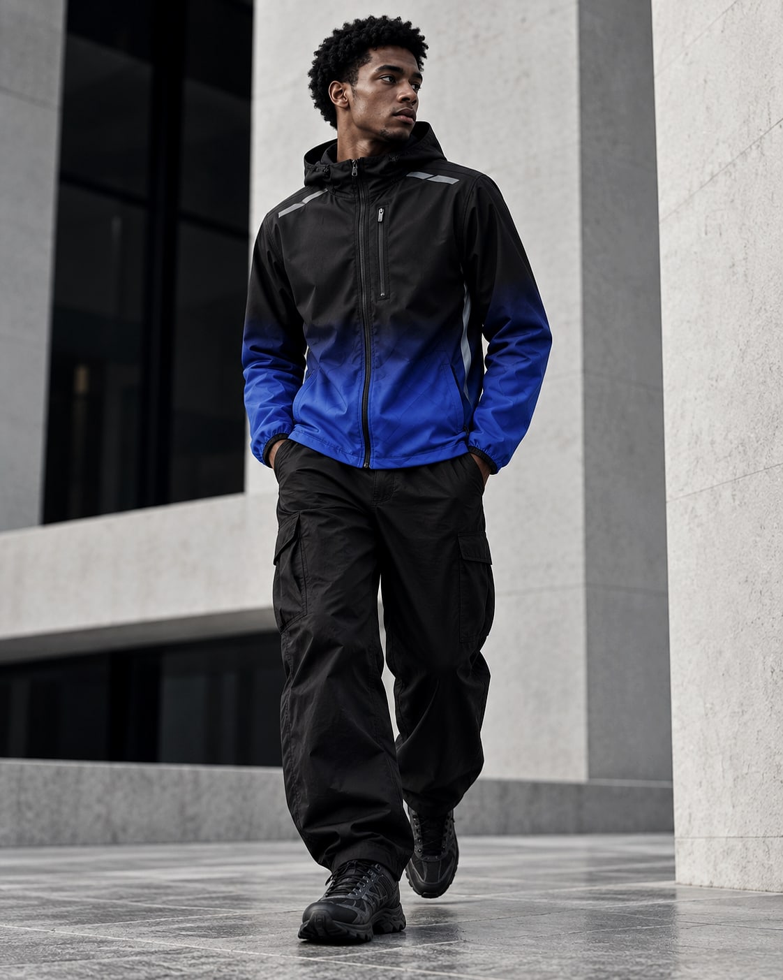Model wearing a black and blue hooded technical jacket with panelled construction and reflective shoulder trims