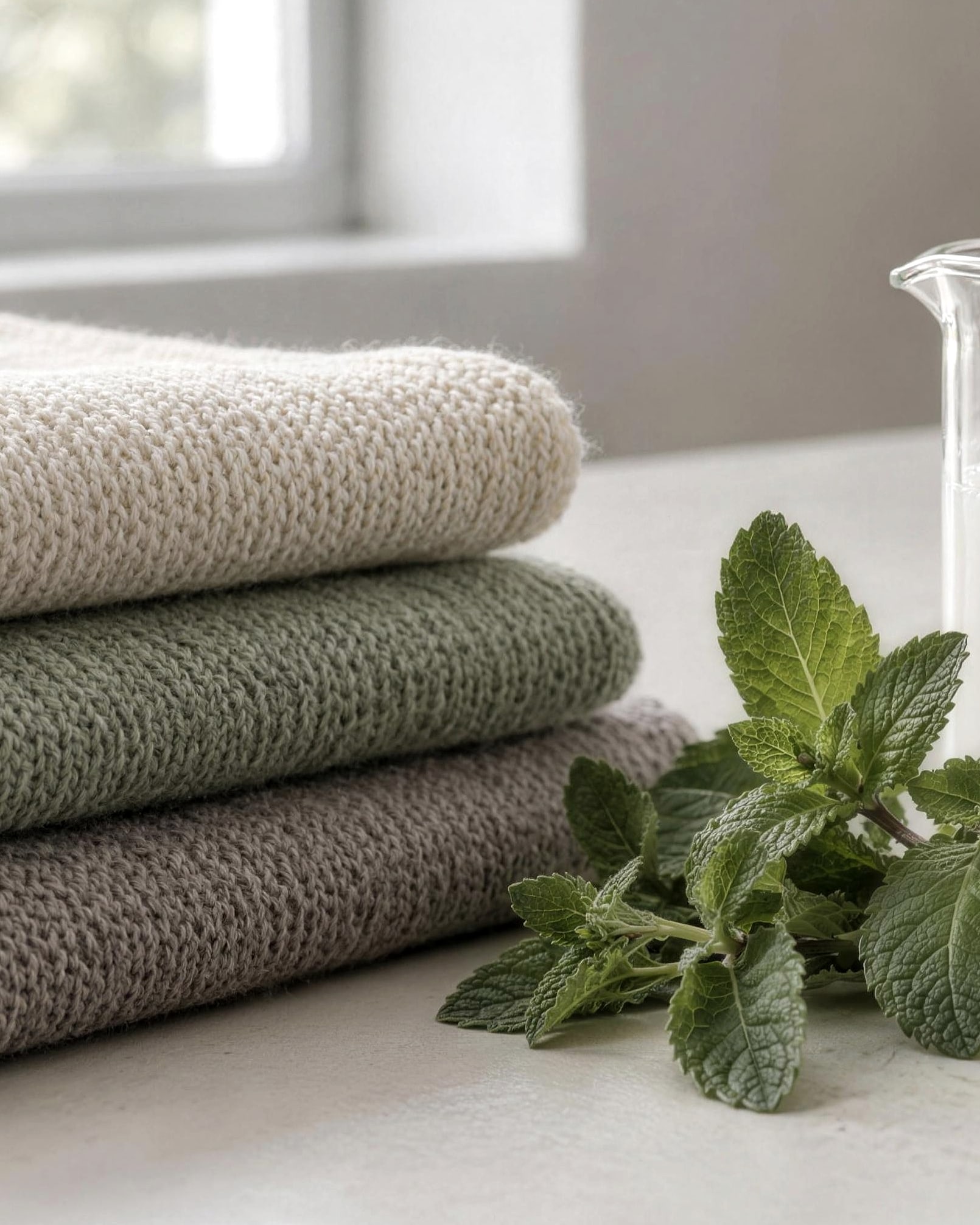 Folded neutral fabrics beside mint leaves on a work surface