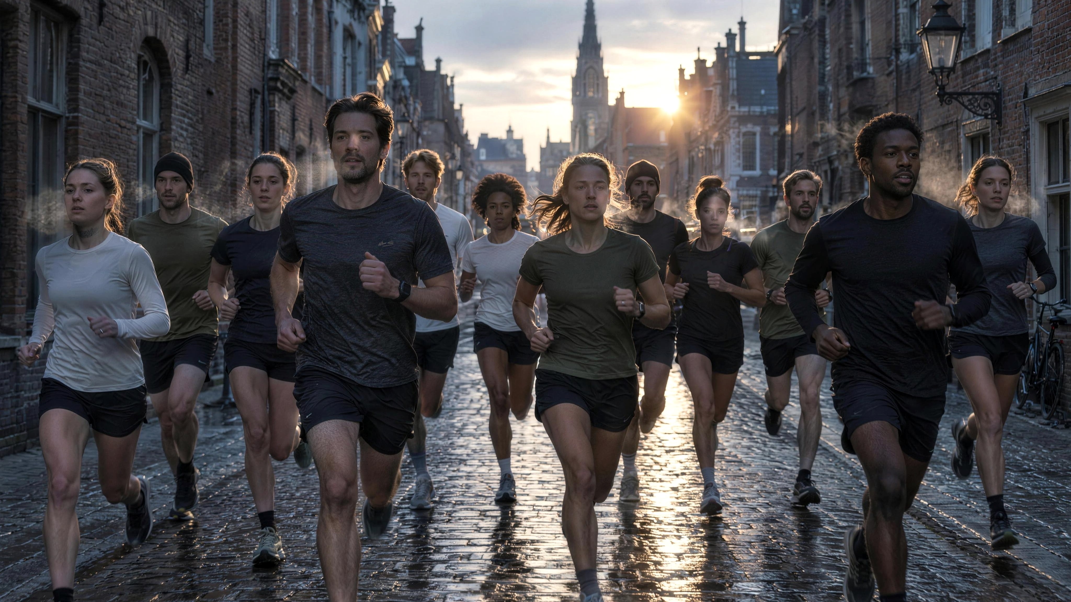 Group of runners moving through a city street at sunrise