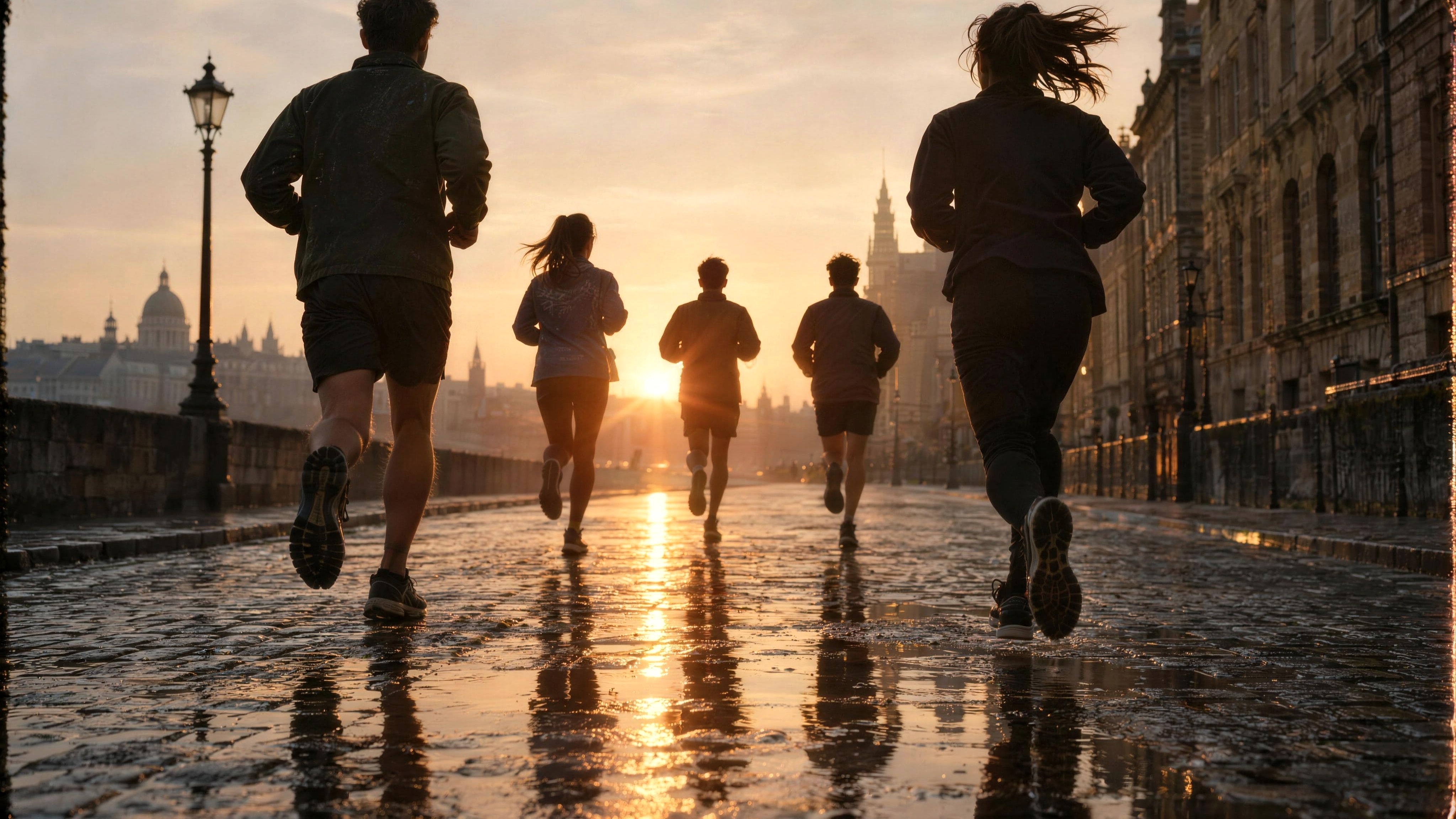 Runners moving together beside a river at sunrise