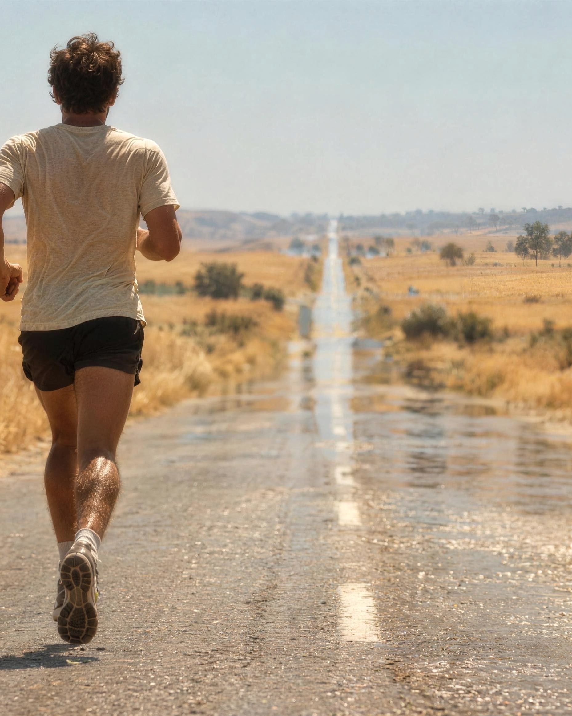 Runner moving alone along an exposed road in warm weather