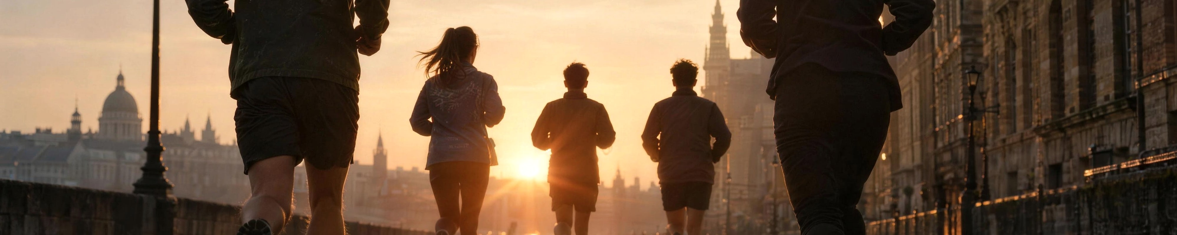 Runners crossing a city bridge at sunrise